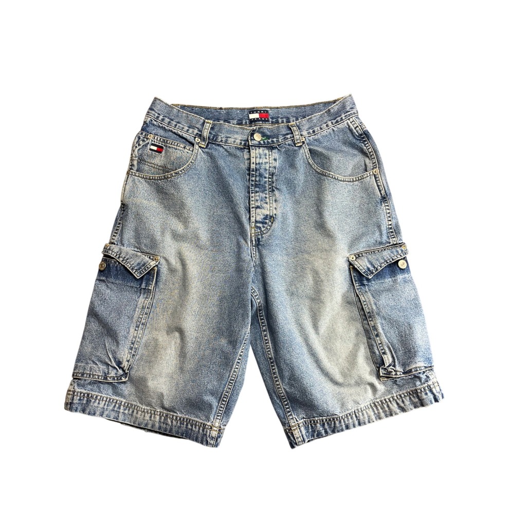 Vintage Tommy Hilfiger Denim Cargo Shorts Light Wash Blue Baggy 90s Mens 33